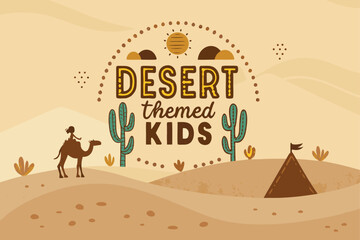 A fun and vibrant desert themed kids logo with a camel, cactus, and tent, perfect for educational or adventure brands targeting young explorers