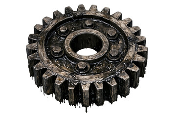 Grungy Industrial Metal Gear with Oil Drips Isolated on White