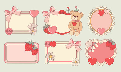 Cute love themed postcard templates with hearts, bows, and bears for special messages