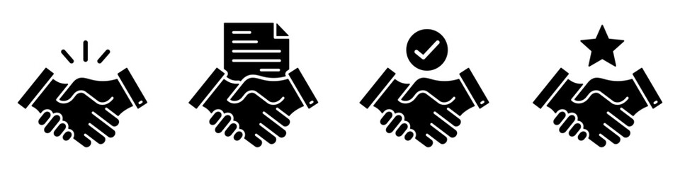 Business handshake solid icon collection. Agreement, partnership, customer satisfaction, successful deal with contract, and star design elements. Vector illustration transparent PNG