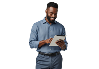 African american male office worker holding tablet smiling isolated