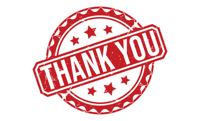 Red thank you stamp with distressed texture features four stars and a grunge circular border on white