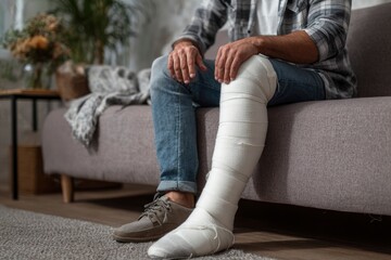 A detailed, intimate shot captures a person with a heavily bandaged leg, seated on a comfortable modern sofa within a serene home environment. The individual is dressed in casual attire, embodying the