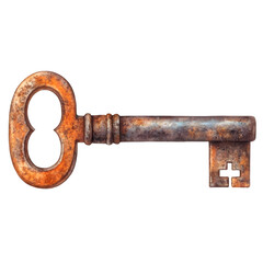 Watercolor Rusty antique skeleton key isolated on a transparent background