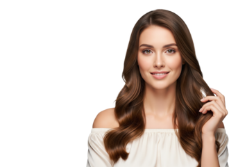 Woman with beautiful groomed hair, she lifts a lock of hair up playfully isolated, haircare product advertisement usage