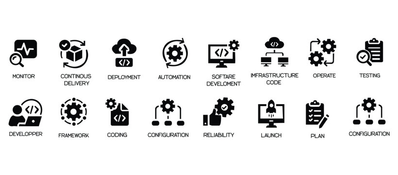 DevOps Icon Collection: Software Development, Deployment, and Monitoring Solid Vector