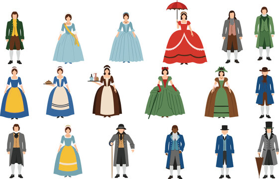 Collection of historical people characters in vintage 18th century colonial clothing and Victorian era outfits, cad drawing flat vector illustration, isolated icons,