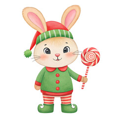 Watercolor Whimsical bunny in elf costume holding lollipop isolated on a transparent background