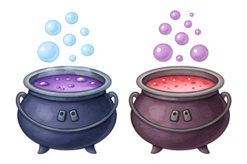 Watercolor Two cauldrons with bubbling potions isolated on a transparent background