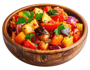 Ratatouille in rustic wooden bowl, featuring eggplant, zucchini, peppers, and onions, garnished with parsley