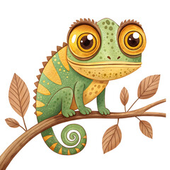Watercolor Whimsical cartoon chameleon on branch isolated on a transparent background