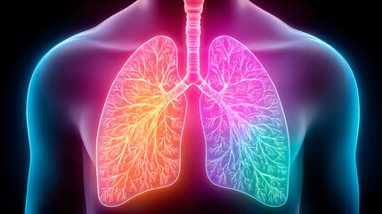 Futuristic 3D medical illustration of human lungs glowing in vibrant neon colors. Ideal for health tech blogs, medical journals, or respiratory wellness sites discussing oxygen and biology.