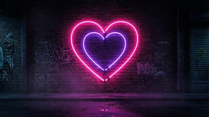 vibrant neon sign featuring glowing pink and purple hearts on a dark brick wall, perfect for Valentine's Day and romantic nightlife concepts.