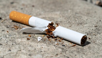 Crushed Cigarette Lying on Concrete Surface Symbolizing Smoking Habit and Health Risks