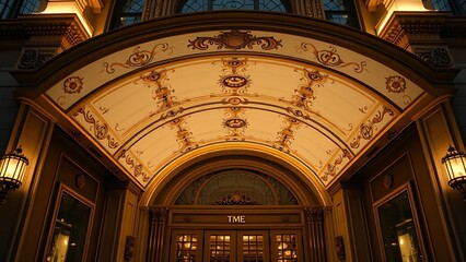 marquee. Grand marquee canopy at a theater entrance with ornate gold trim, soft evening lighting. real-estate listings.