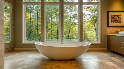 Modern bathroom with freestanding tub, forest view, spa-like interior