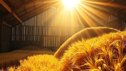 grainery. Sunlit barn interior with piled golden wheat grains, warm afternoon light. menu design, packaging mockups, designed for culinary blogs and recipe cards for restaurants.