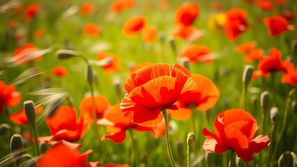 swaying. A field of red poppy flowers swaying gently in the wind. gardening catalogs, home-decor guides, designed for home decor and floral branding, used by architects.