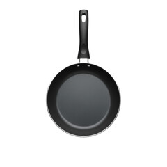 Empty dark grey non-stick frying pan, matte finish, metallic rim, black ergonomic handle, perfectly circular, on seamless light grey background, top-down view, commercial kitchenware concept
