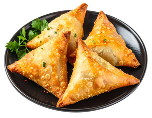 Golden samosas on a black plate with fresh parsley, isolated on white