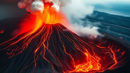 violently. Volcano erupting with lava and ash violently expelled from crater. ESG reports, sustainability campaigns, designed for environmental awareness campaigns, drives climate awareness.