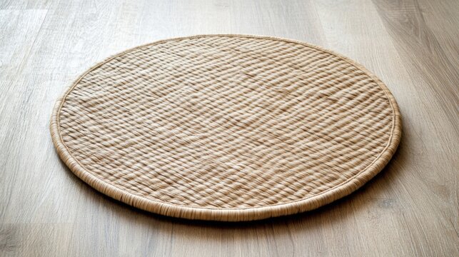 A woven round mat made of abaca fiber strands on a wooden surface