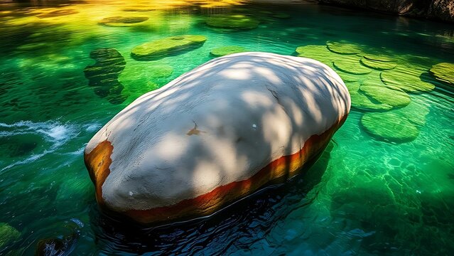 amphibole. A massive weathered boulder resting at the bottom of a clear, deep pool. travel magazines, destination branding, wall prints, designed for travel destination branding, used by teachers.