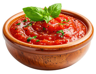 Fresh tomato sauce with basil in a rustic ceramic bowl, isolated