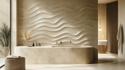 Modern beige bathroom with sand-wave wall, spa tub, and view