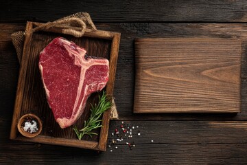 This striking overhead flat lay captures a thick, raw T-bone steak, showcasing its vibrant red color and marbling, positioned prominently on a rustic wooden serving tray. Fresh green rosemary sprigs a