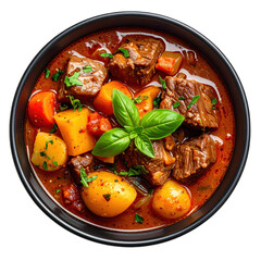 A rustic pot of spezzatino di manzo with chunks of tender beef in a rich sauce, isolated on white background
