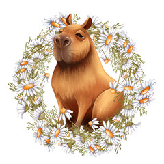 Hand drawn Capybara in Daisy Flower Wreath