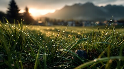 Taufrisches Gras im goldenen Licht vor Berglandschaft
