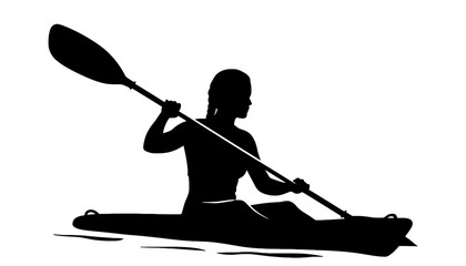 A woman in a kayak paddles through calm water in silhouette