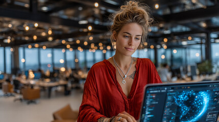 A woman in a red shirt participates in a large online video conference meeting on her laptop. Her hands are on the trackpad, and she is looking at the screen with a focused expression.