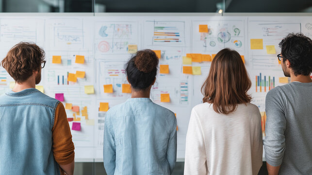 Team brainstorming with whiteboard full of charts and sticky notes, clean modern office