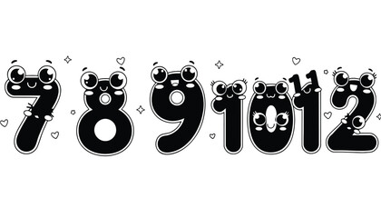 A playful cartoon illustration of numbers with cute faces and hearts silhouette