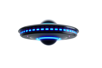 Shiny UFO with bright blue lights levitates in deep space