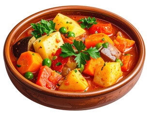 Rustic vegetable stew in earthenware bowl with parsley garnish and rich broth