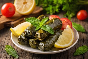 A vibrant plate of artfully arranged savory stuffed leaves, freshly prepared and bursting with flavor, takes center stage on a rustic wooden table. Each roll, rich green from the delicate leaves, is b