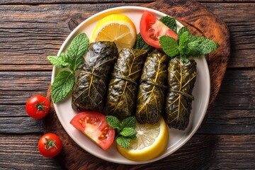 A visually appealing top-down view showcases a plate of savory stuffed vine leaves, elegantly arranged and garnished for a fresh, appetizing presentation. Four meticulously rolled leaves, tied with de