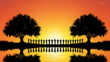 Happy family day silhouette at sunset with trees and bridge