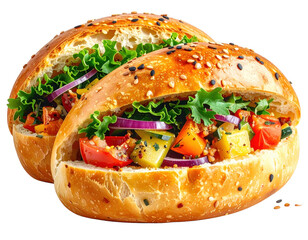 Two sesame seed buns filled with fresh vegetables, including tomatoes and red onions