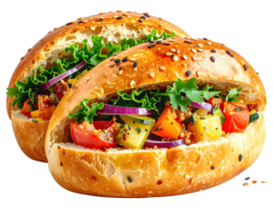 Two sesame seed buns filled with fresh vegetables, including tomatoes and red onions