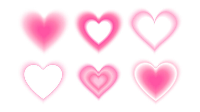 Vector glowing blurred hearts. Valentine hearts with bokeh effect and pink aura. Gradient illustrations for design