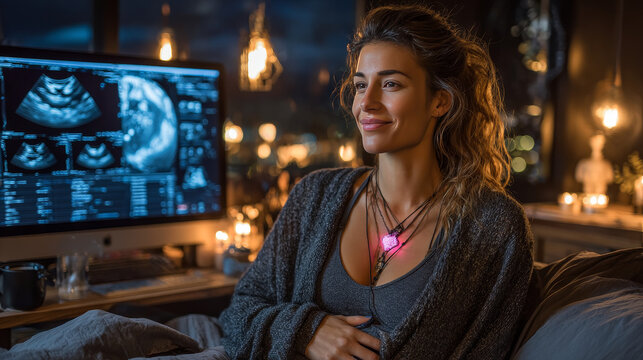 Concept of pregnancy and health care. Young mother waiting for baby, enjoying sonogram in bed, panorama with empty space