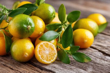 A vibrant assortment of small, fresh citrus fruits, displaying beautiful shades of green and golden yellow, rests artfully on a rustic wooden surface. Several fruits retain their natural green leaves 