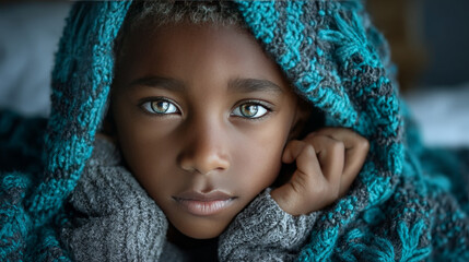 A young African American boy is laying comfortably in bed with a soft blue comforter covering him. He appears relaxed and at ease, possibly getting ready to sleep or just waking up, view above