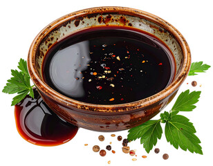 Rich dark sauce in rustic bowl with spices and parsley