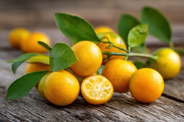 A vibrant cluster of small, ripe citrus fruits with fresh green leaves is artfully arranged on a weathered wooden surface, creating a visually appealing and natural still life. One fruit is cut open, 